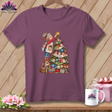 A purple t-shirt featuring a cartoon illustration of an elderly woman placing a star on a quilt Christmas tree.