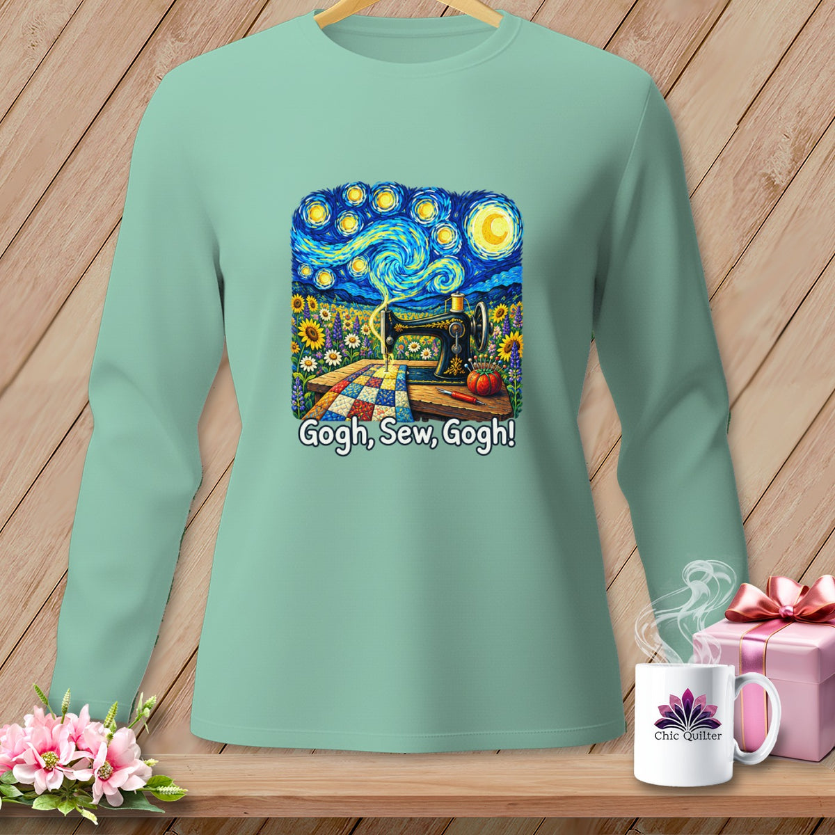Mint long-sleeve shirt with "Gogh, Sew, Gogh!" text and a sewing machine in Van Gogh style.