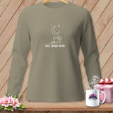 Tan long-sleeve shirt with a sewing machine, moon, stars, and text 