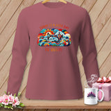 Long-sleeve shirt with colorful sewing machine graphic and text 