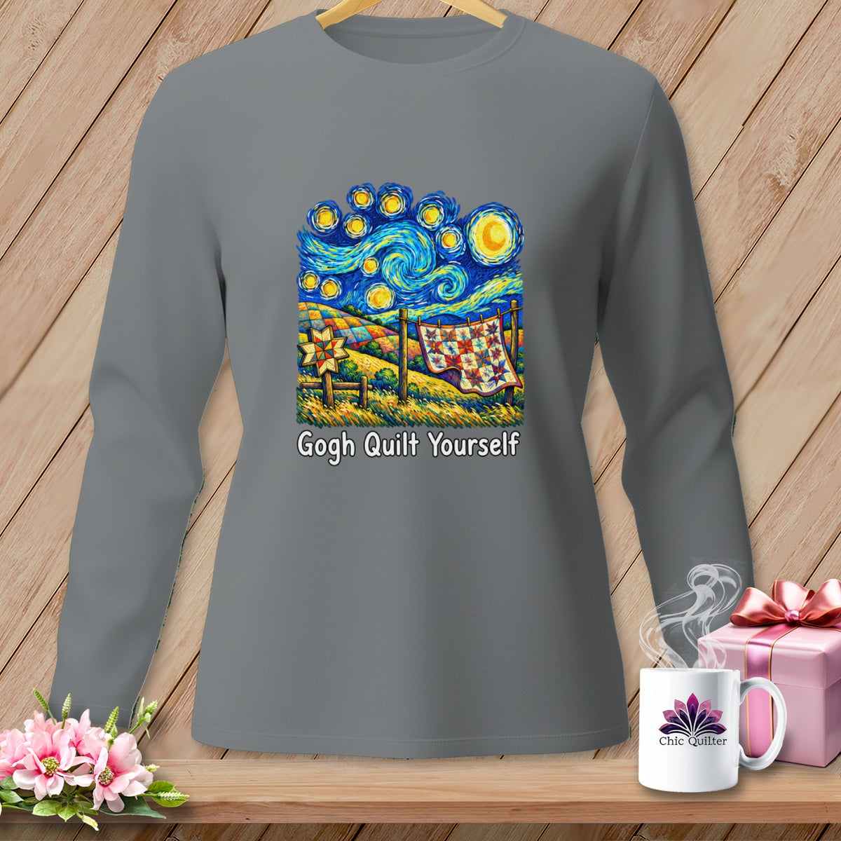 Long-sleeve shirt featuring a "Gogh Quilt Yourself" graphic with a quilt and starry sky.