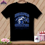 A black t-shirt features a blue and white graphic with a horse, thread spool, and text reading Indianapolis Quilter.