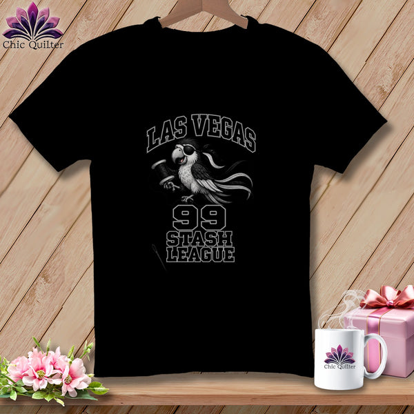 Black t-shirt featuring a parrot holding a spool of thread and the text Las Vegas 99 Stash League.