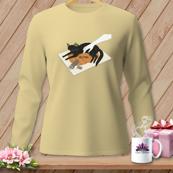 Light yellow long-sleeve shirt with a black cat on a pumpkin graphic.