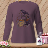 Long-sleeve shirt with ravens, sewing machine, and 