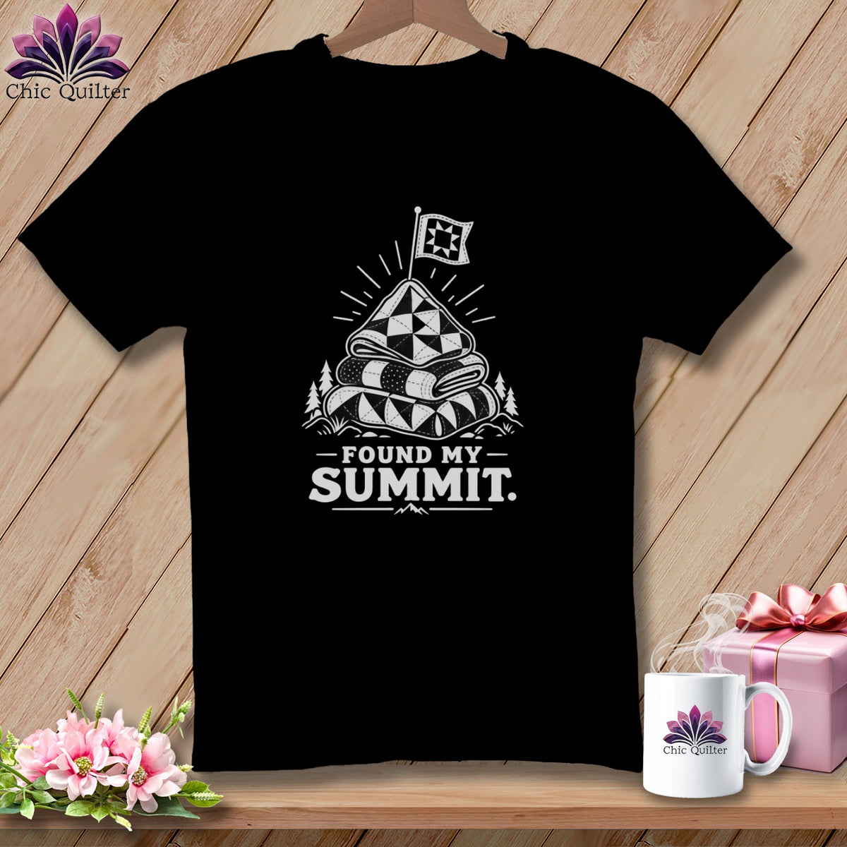 Black t-shirt with "Found My Summit" graphic featuring stacked quilts and a flag.