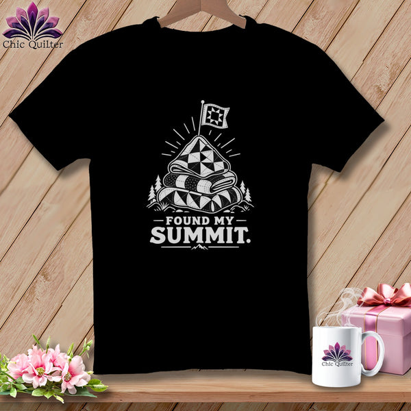 Black t-shirt with "Found My Summit" graphic featuring stacked quilts and a flag.