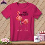 Pink t-shirt with two flamingos and text 