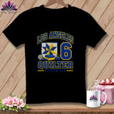Black t-shirt featuring Los Angeles Quilter text, a blue and yellow quilt graphic, and the number six.