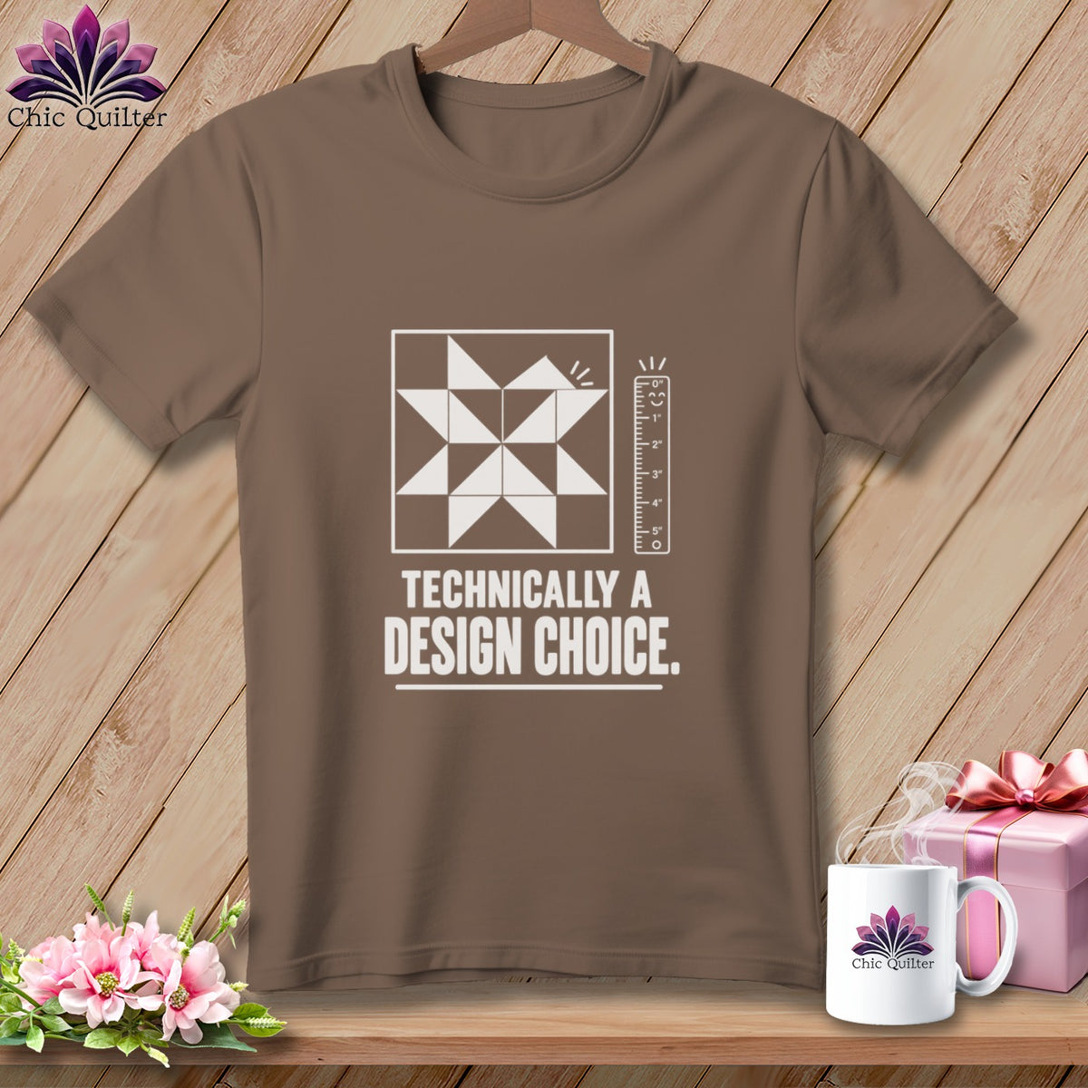 Brown t-shirt with "Technically a Design Choice" text and a quilt square graphic.