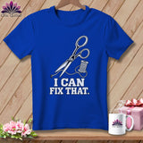 Royal blue t-shirt with scissors, thread, and 