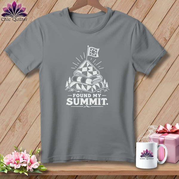 Gray t-shirt with white "Found My Summit" quilt graphic and flag.