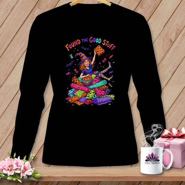 Black t-shirt with witch graphic and "Found the Good Stuff" text.