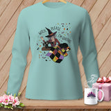 Light blue long-sleeve shirt with a witch quilting and the text 
