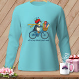 Penguin on bicycle with fabric rolls, text 
