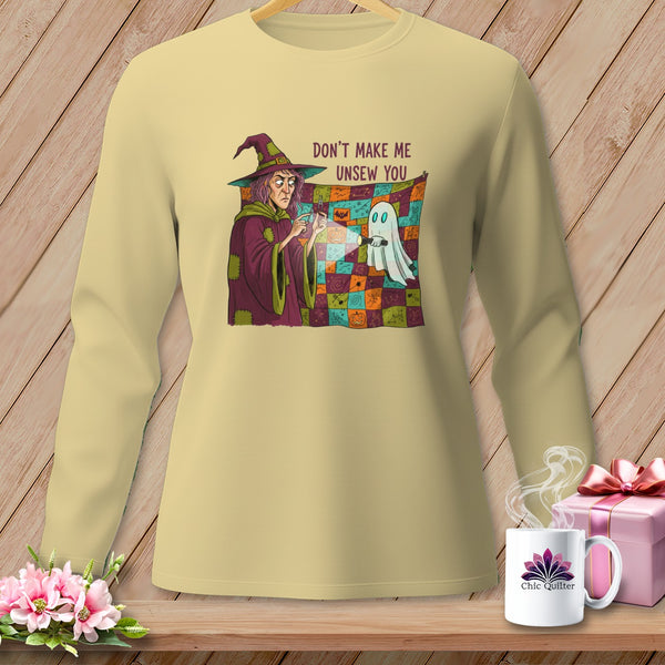Witch with flashlight and ghost on patchwork, "Don't Make Me Unsew You" text.