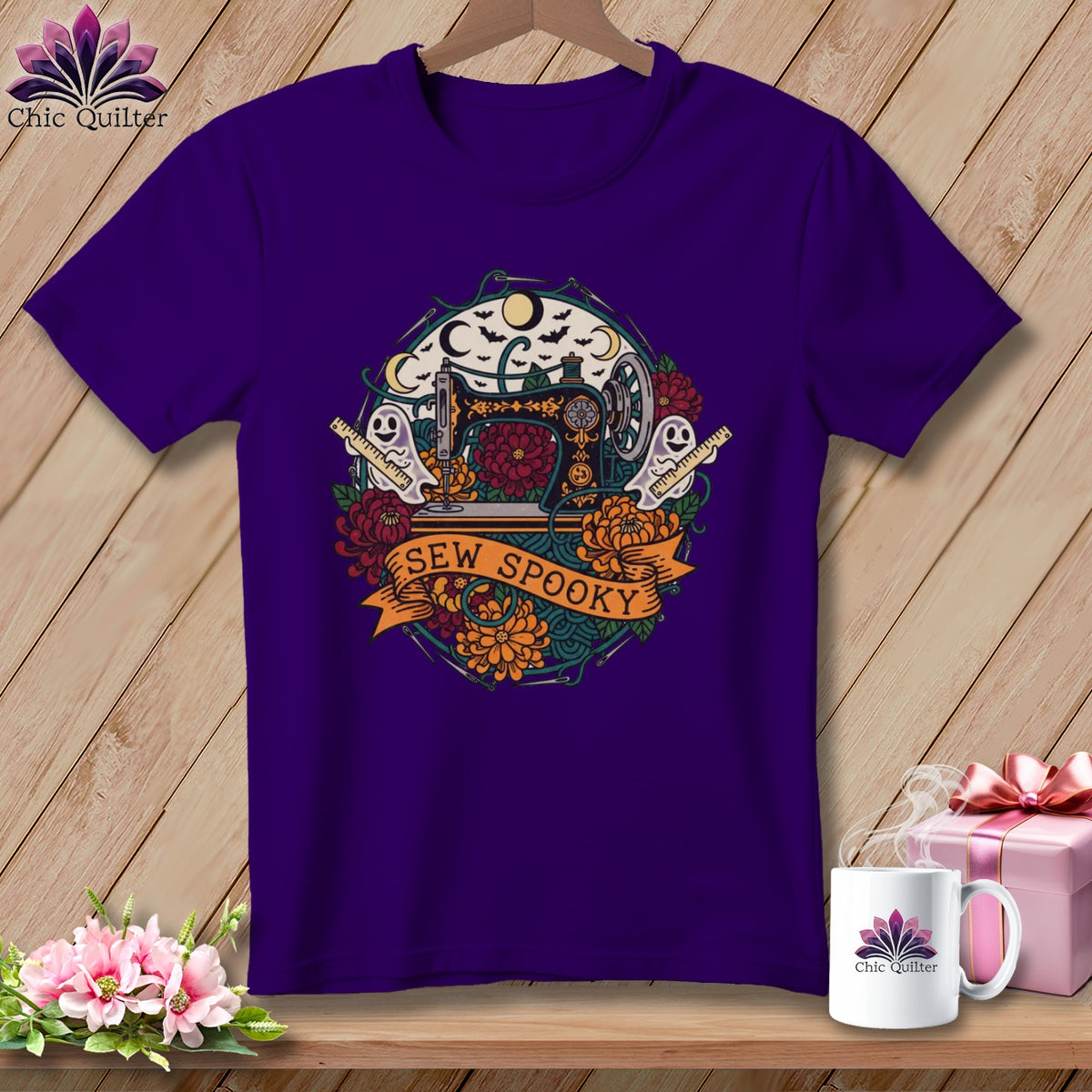 Purple t-shirt with "SEW SPOOKY" text and a Halloween sewing machine graphic.