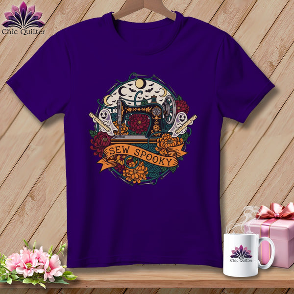 Purple t-shirt with "SEW SPOOKY" text and a Halloween sewing machine graphic.