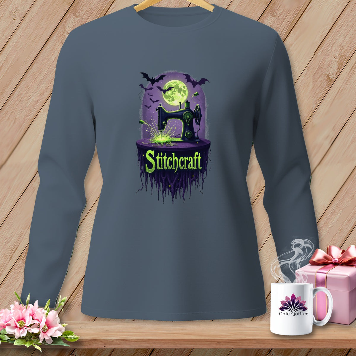 Long sleeve shirt with a spooky sewing machine and "Stitchcraft" text design.