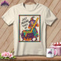 T-shirt with cartoon witch stirring cauldron with ruler, text "JUST MIXING THINGS UP".