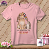Pink t-shirt with two rabbits and text 
