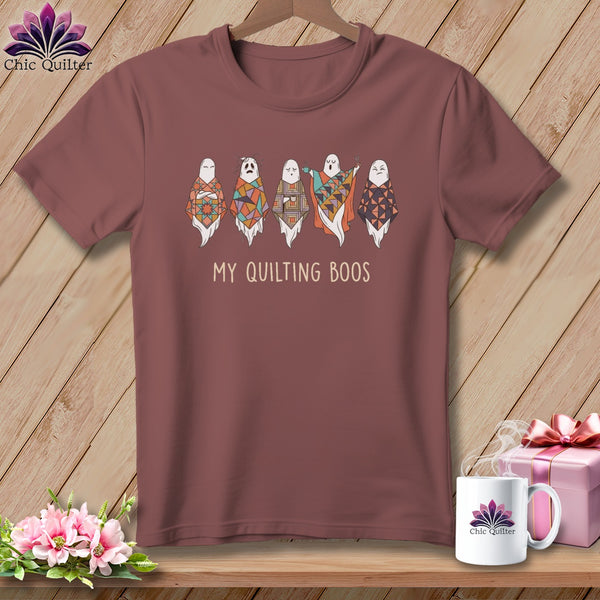 T-shirt with five colorful patchwork ghosts and "My Quilting Boos" text.
