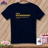 Navy t-shirt with yellow text reading 