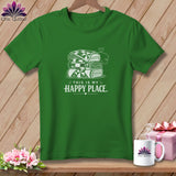 Green t-shirt with stacked quilts graphic and 