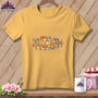 Gold crewneck t-shirt featuring a centered graphic of colorful wooden thread spools.