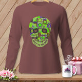 Brown long-sleeve shirt with a quilted skull graphic that says 