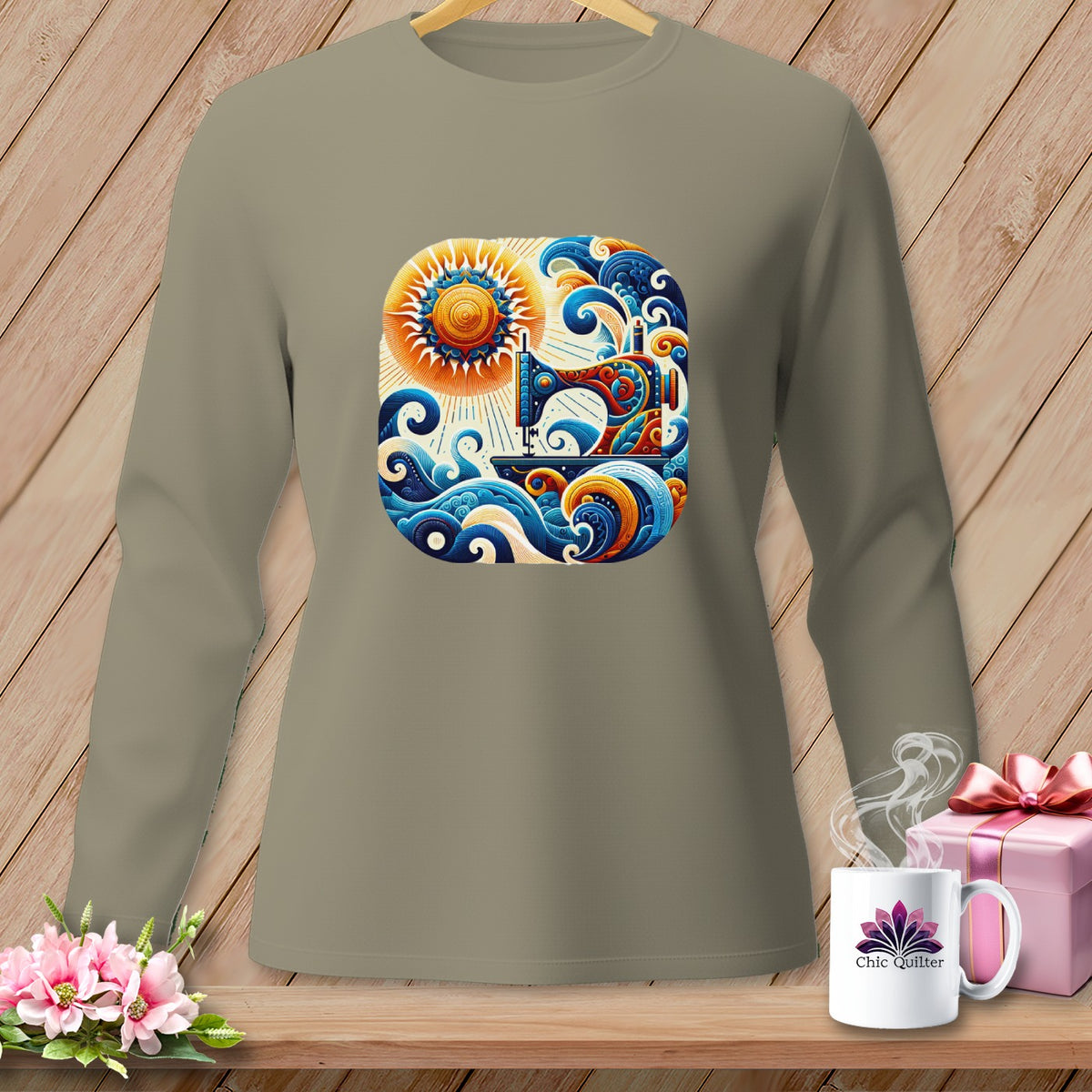 Long-sleeve t-shirt with a stylized sewing machine and waves graphic.