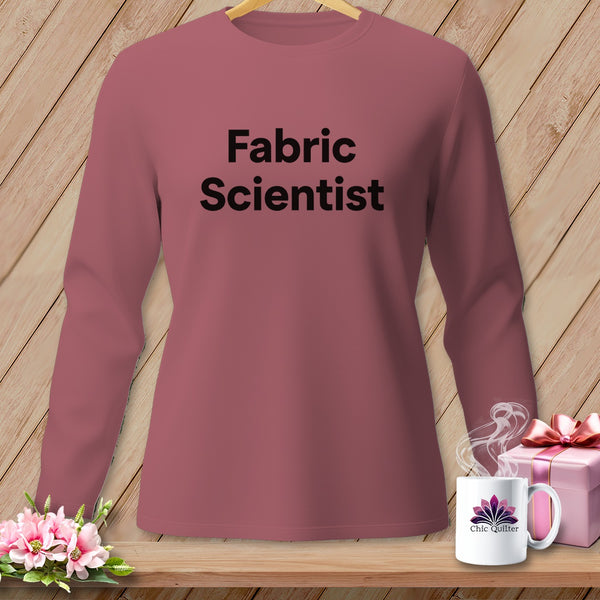 Rose long-sleeve shirt with "Fabric Scientist" text, mug, and gift box.