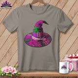 Gray t-shirt featuring a patchwork witch hat with scissors and measuring tape.