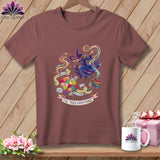 T-shirt with a witch flying, patchwork, and text 