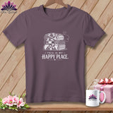 Purple t-shirt with stacked quilts design and text 