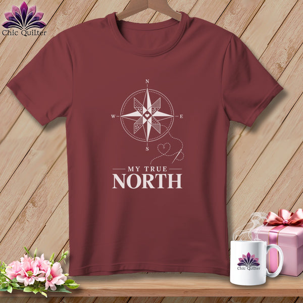 Maroon t-shirt with white compass design and "My True North" text.