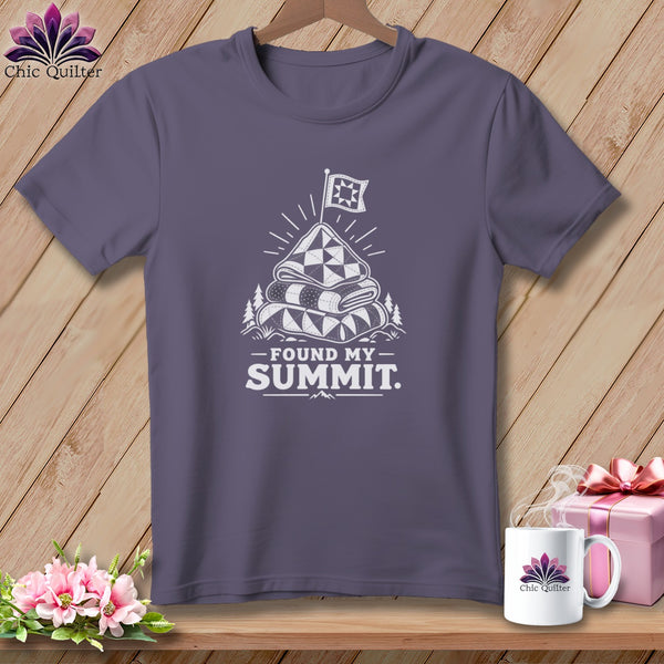 Purple t-shirt with "Found My Summit" text and quilt graphic.