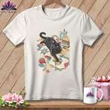Black cat lounging on a patchwork quilt with sewing supplies.