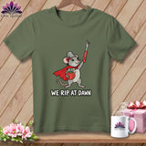 Olive green t-shirt featuring a superhero mouse holding a seam ripper with the text 