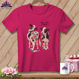 Two cows on a pink t-shirt, one with a quilt patch, saying 