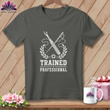 Gray t-shirt with white graphic of seam ripper and needle, 