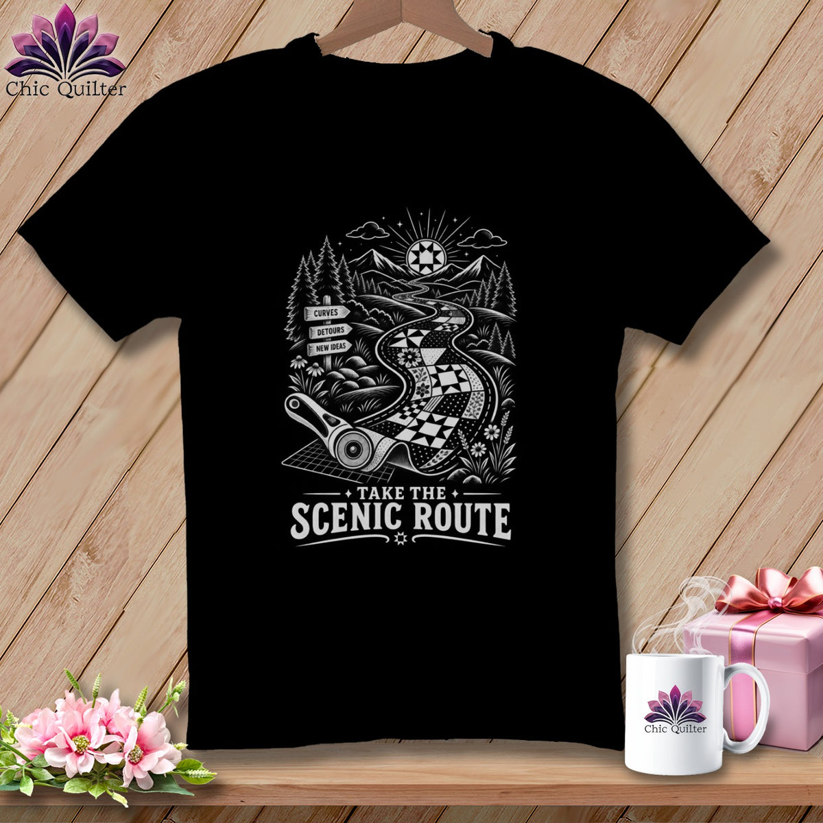 Black t-shirt with "Take the Scenic Route" graphic and quilting tools.