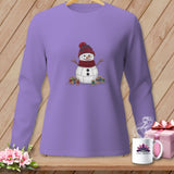 Lavender long-sleeve shirt with a stitched snowman graphic, spools of thread, and 