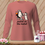 Long-sleeve shirt with a penguin sewing and holding a drink, reads 