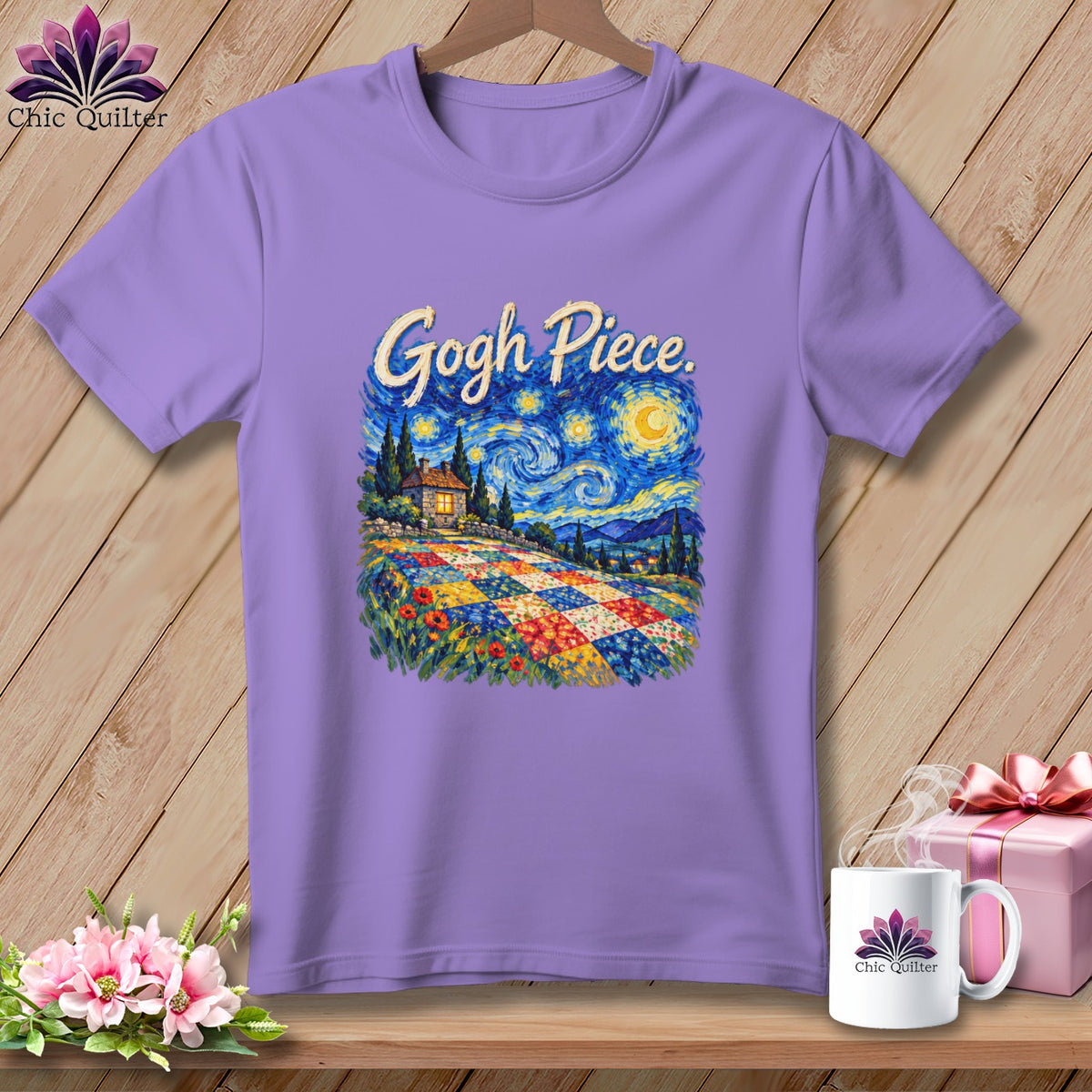 Light purple crewneck t-shirt featuring a Starry Night quilt graphic and the text Gogh Piece.