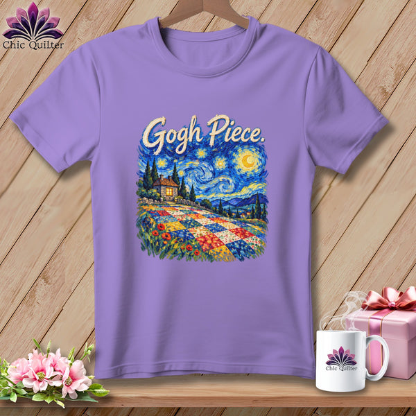 Light purple crewneck t-shirt featuring a Starry Night quilt graphic and the text Gogh Piece.