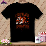 Black t-shirt featuring an orange and white graphic of a bulldog holding a spool of thread and the text Cleveland Quilter.