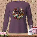 Long sleeve shirt with spooky sewing graphic and 