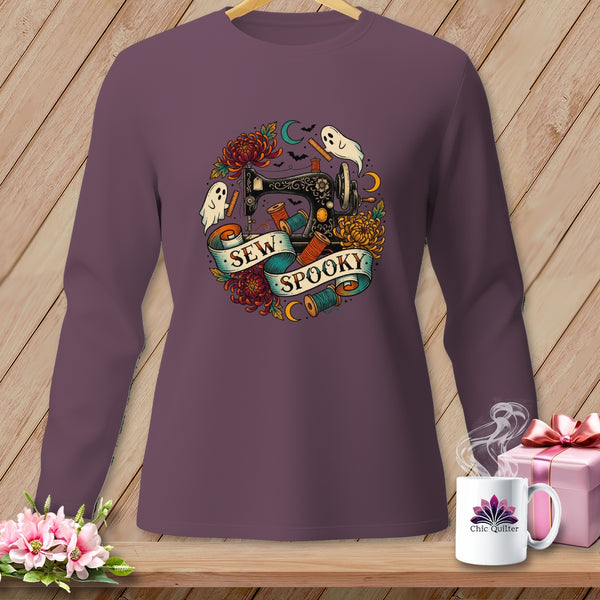 Long sleeve shirt with spooky sewing graphic and "Sew Spooky" text.