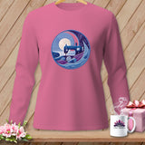 Pink long-sleeve shirt with a circular graphic of a sewing machine and sun.